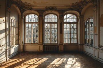 Fototapeta na wymiar window in empty room, old apartment building with parquet floor