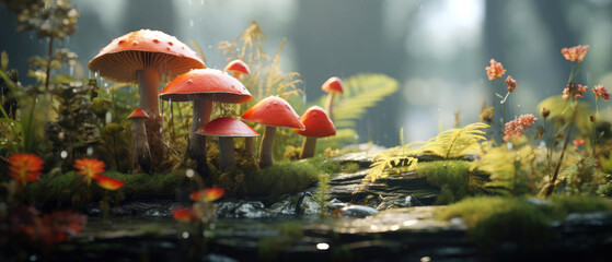 Wonderland colorful landscape. View on mushrooms, blooming wildflowers on wonderful fairy meadow....