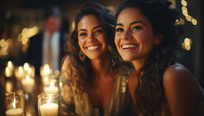 Smiling young women enjoy nightlife, friendship, and cheerful celebration generated by AI - obrazy, fototapety, plakaty