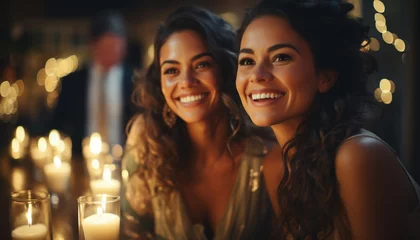 Fotobehang Smiling young women enjoy nightlife, friendship, and cheerful celebration generated by AI © Jeronimo Ramos
