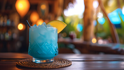 A delicious tropical blue alcoholic drink sitting on a coaster at a tiki bar in a tropical resort location, advertising for drinks, free copy space