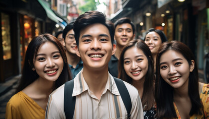 Fototapeta premium Smiling young adults in Beijing, enjoying friendship and togetherness outdoors generated by AI