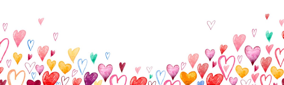 Romantic PNG background with horizontal border made of beautiful falling pink yellow and red watercolor hearts isolated. Happy Valentine's Day illustration
