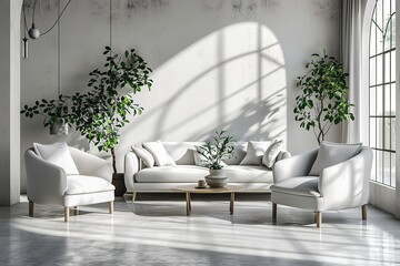 Arched white living room armchair and sofa, poster
