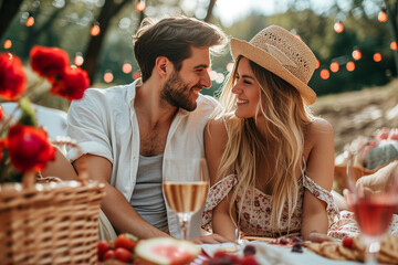 A couple having a romantic picnic - obrazy, fototapety, plakaty