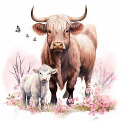 Watercolor baby animals nursery nursery decor wall art digital art baby cow highland cow. AI Generated illustration
