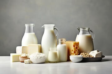 Fresh dairy products on wooden table