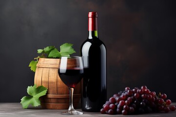 Bottle and glass of red wine with ripe grapes and wooden barrel