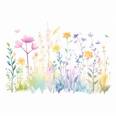 Aquarell einer Wiese voller Blumen Illustration - obrazy, fototapety, plakaty