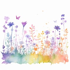 Obraz na płótnie Canvas Aquarell einer bunten Blumenwiese mit Schmetterlingen Illustration