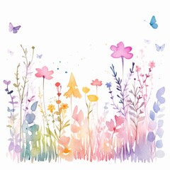 Aquarell einer bunten Blumenwiese mit Schmetterlingen Illustration - obrazy, fototapety, plakaty