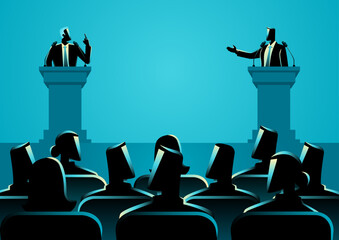 Vector illustration depicting two individuals engaged in a spirited debate on a podium, symbolizing the essence of dialogue, differing perspectives, and the vibrant exchange of ideas