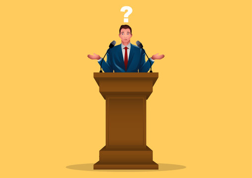 Man in a suit standing at a podium, with a question mark above his head, symbolizing incompetence and indecision, challenges associated with leadership, metaphor for uncertainty in crucial moments