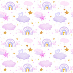 Seamless watercolor pattern with rainbows and stars, texture for fabric, textile, wallpaper, apparel wrapping