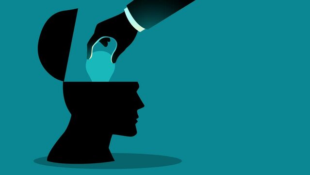 Hand installing a new light bulb on a human head, this motion graphics symbolizes the infusion of fresh ideas and creative enlightenment