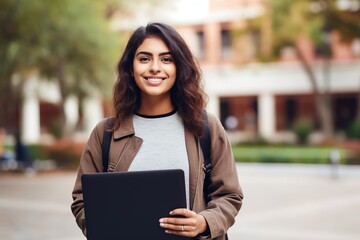 Beautiful student girl with laptop in college campus
