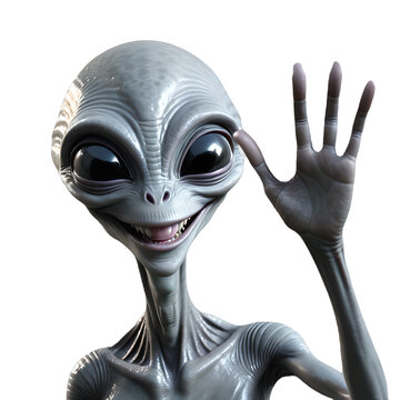 grey alien are smiling and waving greeting, white or transparent background , PNG, Generative AI