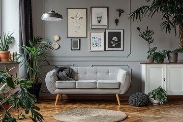 Grey settee near white cupboard in minimal living room interior with posters on the wall. Real photo