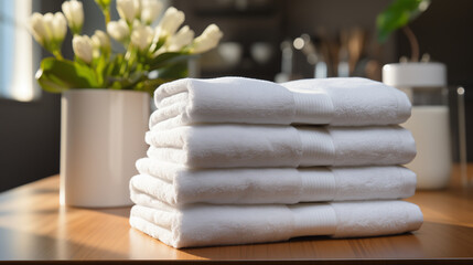 Obraz na płótnie Canvas Stack of white towels on the table in the room for relaxation. Concept of spa and relaxation