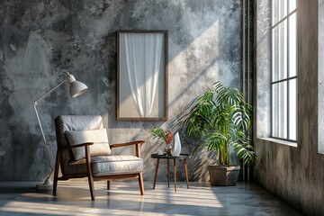 Grey wall background with window curtain and vase of plant, frame, lamp decoration with armchair style.