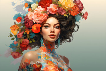 Beautiful young woman with flowers in her hair, Women's Day Concept, Ai Generated