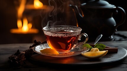 A cup of warm tea is placed on the table - obrazy, fototapety, plakaty
