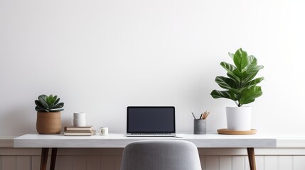 A home office interior design that is minimal and includes a fiddleleaf fig plant