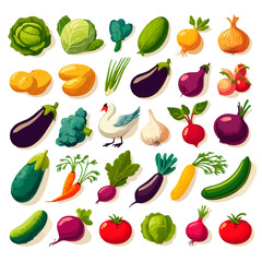 Colored drawings of food icons. Cauliflower vegetables, carrots, eggplant, potatoes, tomatoes, garlic, cucumbers, eggplant, greens