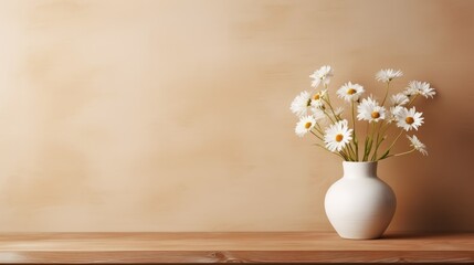 Fototapeta na wymiar Wooden table with chamomile flowers on beige clay vase in front empty white wall. AI generated image