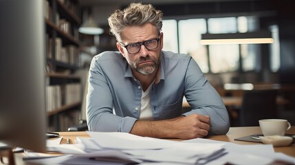 A man with a beard, who is either an entrepreneur or architect, is very angry and exclaims loudly while sitting at a messy desktop. he wears glasses and is working on a startup project - obrazy, fototapety, plakaty