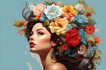 Portrait of beautiful young woman with flowers in hair, Vector illustration, Ai Generated