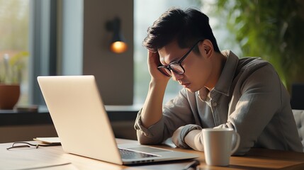 A picture shows an exhausted asian man in his 30s wearing glasses and seated at a table with laptops while working in a well lit office space. - obrazy, fototapety, plakaty