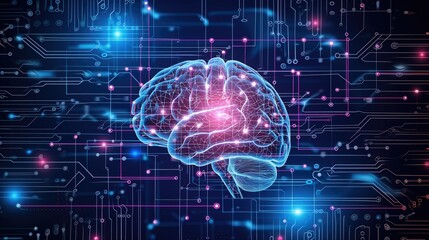 A glowing digital brain overlays intricate circuitry, symbolizing advanced AI and neural network concepts