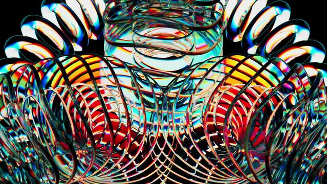 Endless loop video render. Abstract spectrum rainbow glass discs. Rotating glass disks. Dispersion. Holographic spectrum colors.