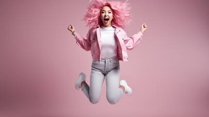A portrait of a young lady with pink hair and a periwig dancing and laughing indoors.
