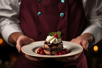 Chef holding plate with tasty dessert