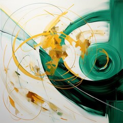 Abstract geometric painting, green, gold, and white