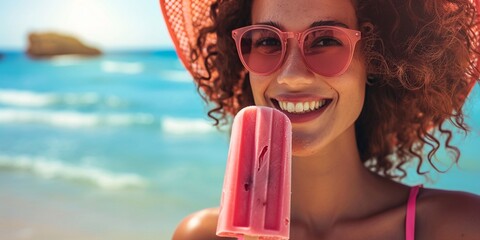 Young smiling woman wearing straw hat holding a popsicle smiling in front of the sea, with copy space. - obrazy, fototapety, plakaty