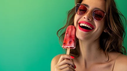 Zelfklevend Fotobehang Unhealhty food and weight loss concept. Positive smiling woman keeps eyes closed and laughs, holds strawberry popsicle and chocolate ice cream, isolated on green background. Summer time, eating © Jasper W