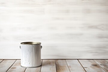 Metal paint can with grey paint on wooden table