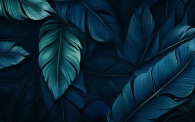 sfondo tappezzeria di foglie e piante tropicali dalle tonalità blu - obrazy, fototapety, plakaty