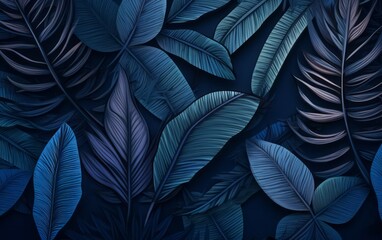 sfondo tappezzeria di foglie e piante tropicali dalle tonalità blu - obrazy, fototapety, plakaty