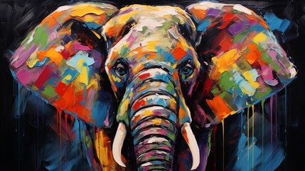 On canvas, there is an oil portrait painting of an elephant in multicolored tones. also, there is a conceptual abstract abstract painting of an elephant on a black background.