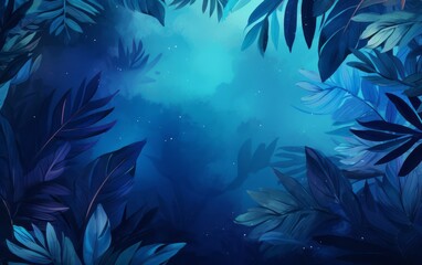 Obraz na płótnie Canvas sfondo tappezzeria di foglie e piante tropicali dalle tonalità blu con spazio per scrivere