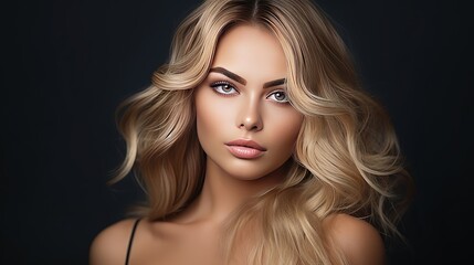 Fototapeta premium The portrait depicts a woman with dark blonde hair who has elegant wavy long hairstyles and exquisite makeup.