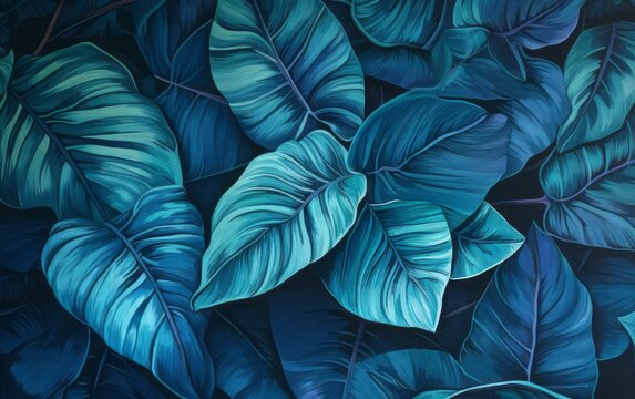 sfondo tappezzeria di foglie e piante tropicali dalle tonalità blu © Sean Maxhell