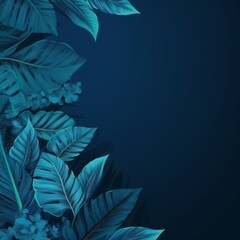 Fototapeta na wymiar sfondo tappezzeria di foglie e piante tropicali dalle tonalità blu con spazio per scrivere