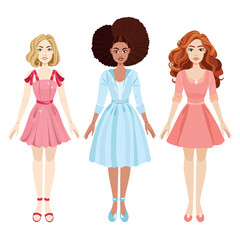 Fashion dolls set with clothes and shoes. Vector