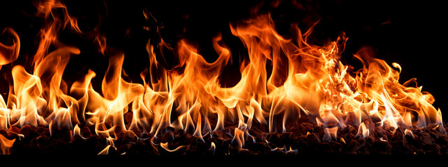 Fire flames isolated on black background. Realistic fire flames texture.