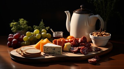 A breakfast meal consisting of tea, sliced cheese, olives, and sausages.